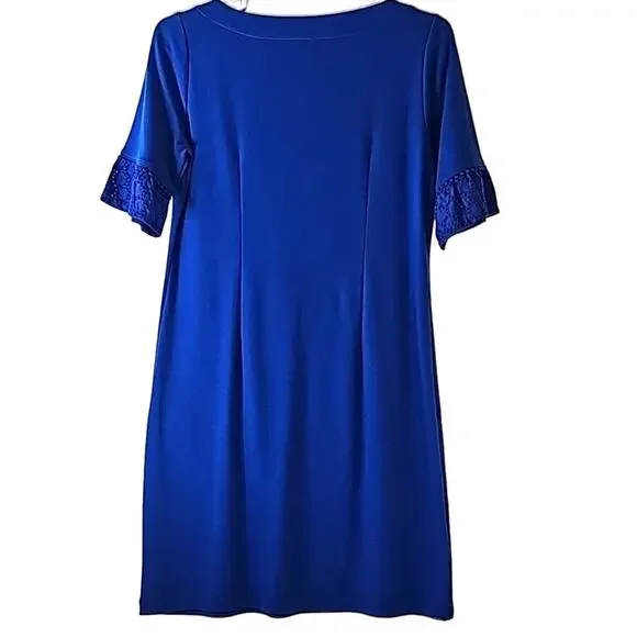 Talbots Womens Sz M Royal Blue Lace Bell Sleeves 100% Cotton Knee Length Dress - Picture 2 of 10
